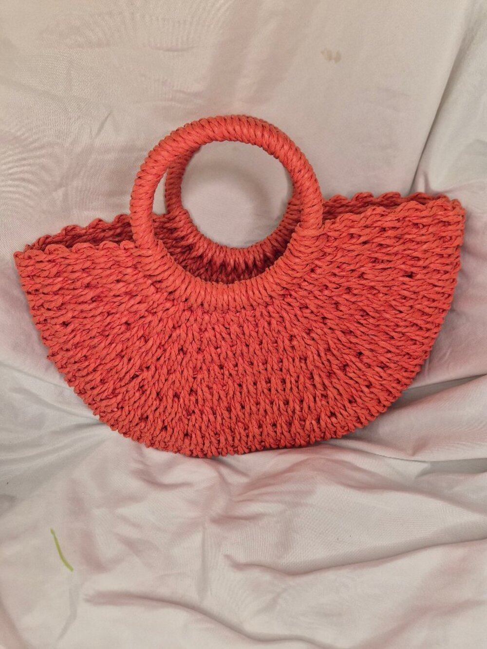 Coral Orange Woven Straw Half Moon Tote Bag Round Top Handle Summer Beach Boho - Picture 2 of 6